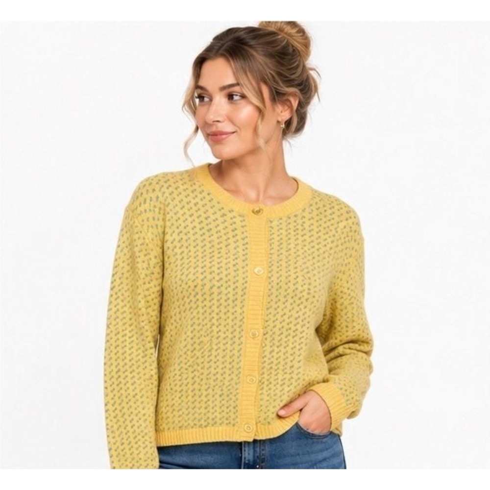 L.L.Bean Women XS Yellow Cardigan Sweater Button Front Cotton Cottagecore Preppy - Picture 1 of 6